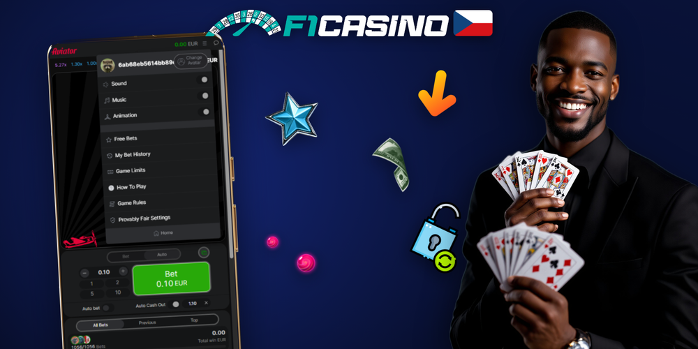 Rostoucí křivka násobiče Aviator algoritmu s ikonami správy bankrollu na F1 Casino