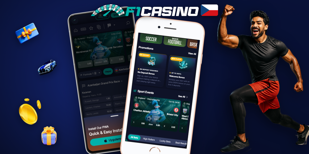 F1 Casino hala s automaty v závodních barvách a přehledem RTP ikonek
