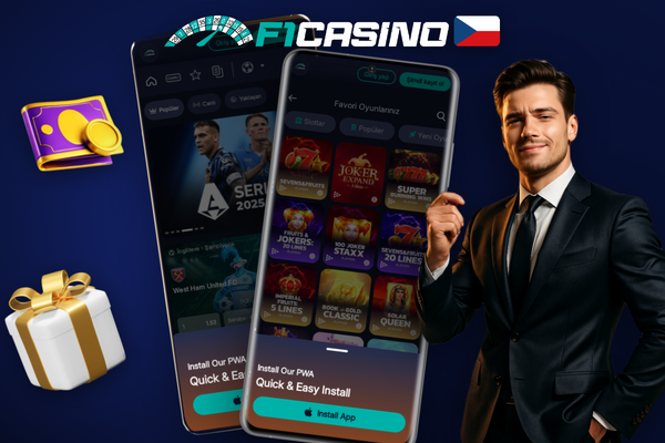 Přehledné rozhraní F1 Casino aplikace s kategoriemi her a živým kasinem