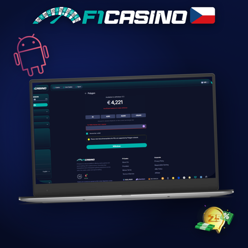 F1 Casino výběr peněz – peněženka s bankovkou CZK a šipkou směřující ven z notebooku